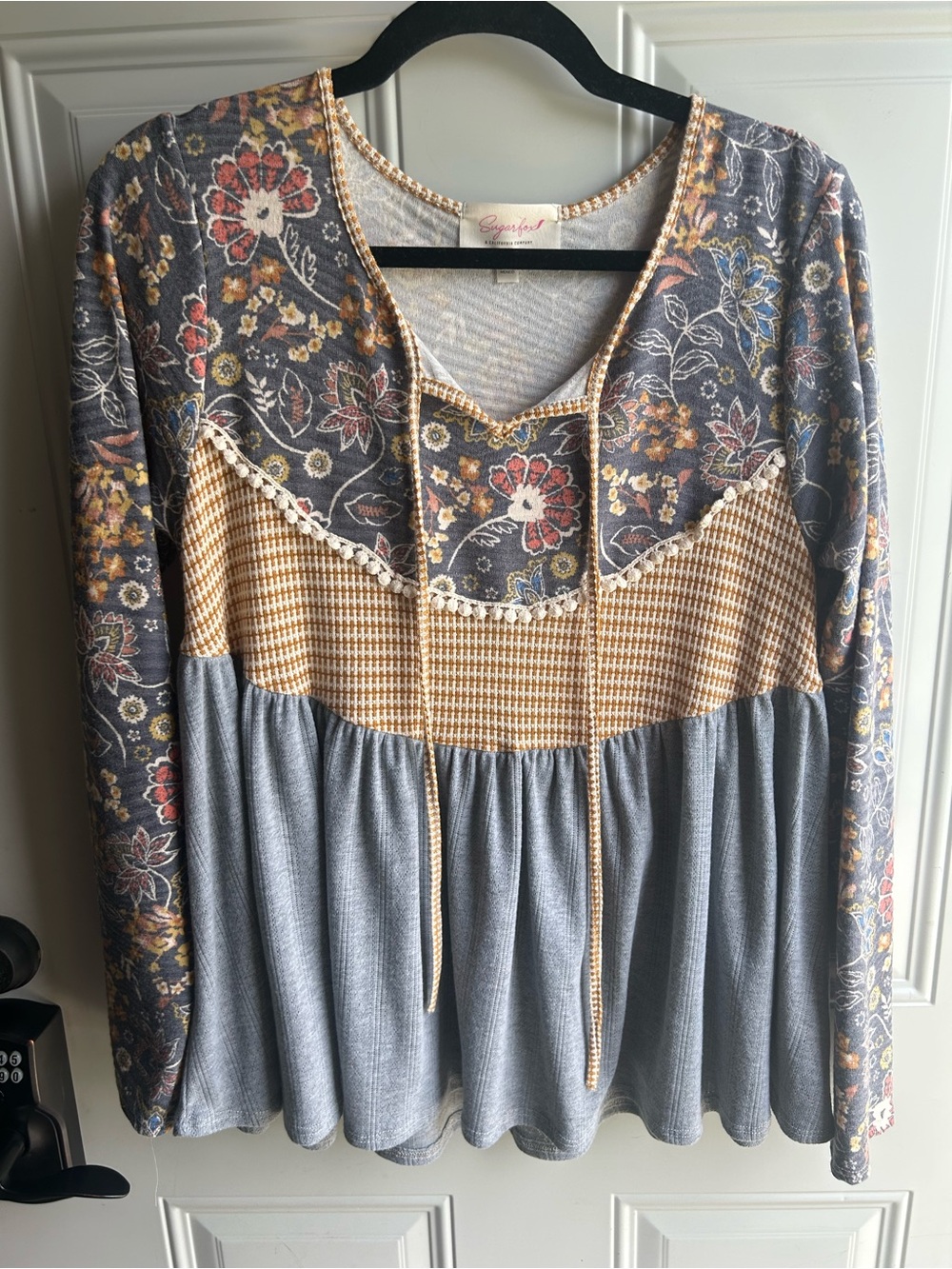 Sugarfly Floral Patchwork Tunic in Gray, Gold and Cream